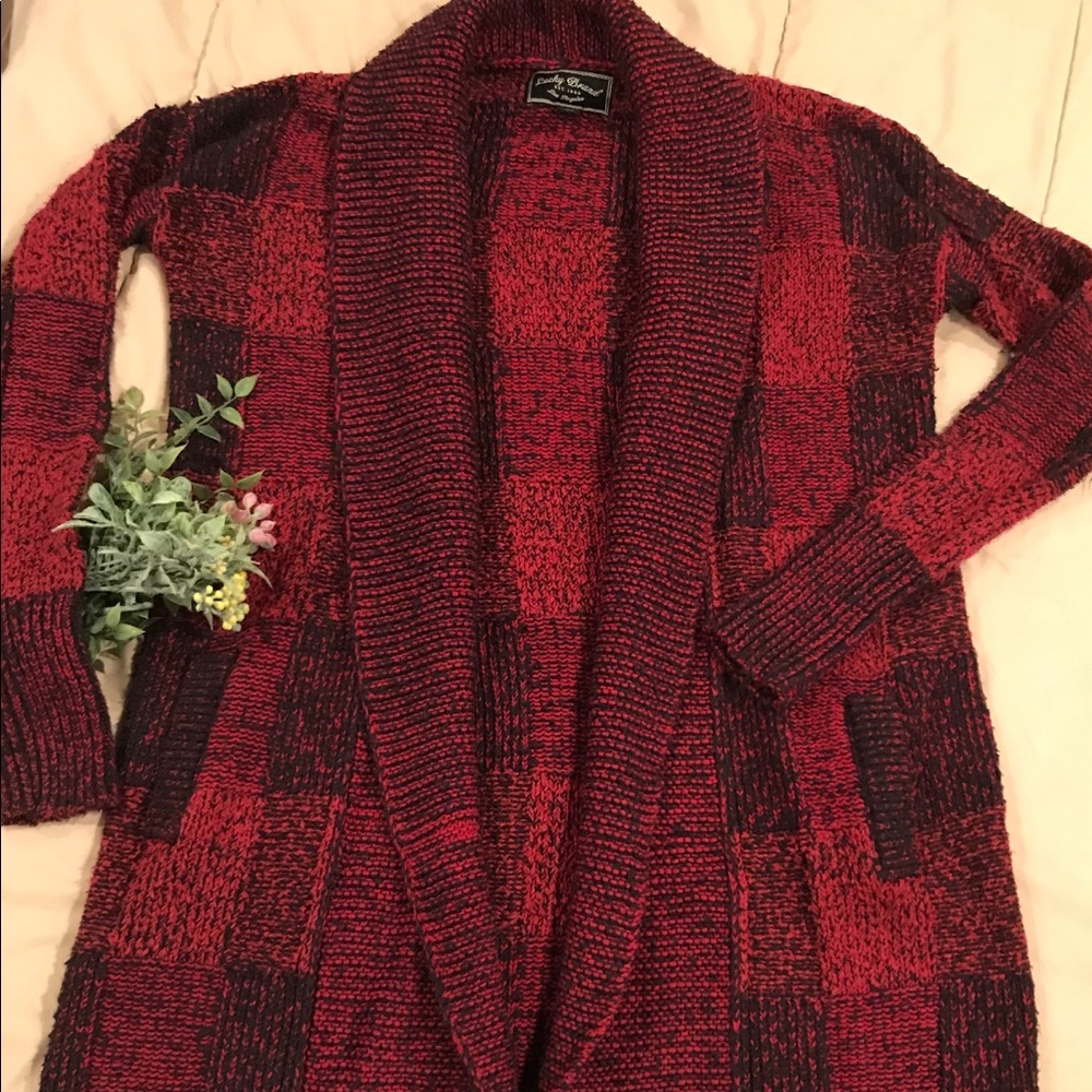 Lucky Brand Red and Black Checkered Open Cardigan